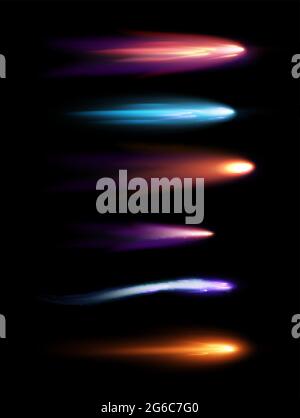 Vector illustration set of beautiful different shapes meteors, comets and fireballs with lighting effect in black galaxy space. Stock Vector