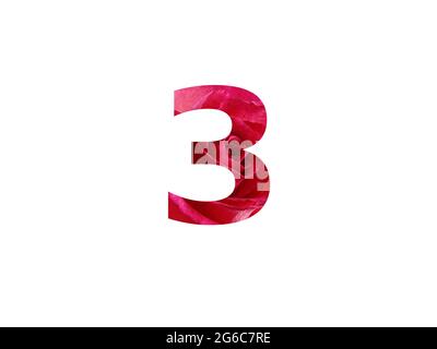 Number 3 of the alphabet made with a photo of a red rose, isolated on a white background Stock Photo