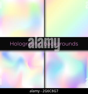 Vector illustration set of four realistic holographic backgrounds in different colors for cover design, trendy modern cards, pattern design to Stock Vector