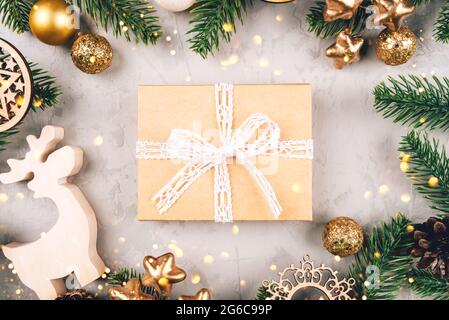 Christmas composition of fir tree branches and decorations. Stock Photo