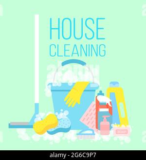 Vector illustration of house cleaning, cleaning service concept. Gloves, a mop, means for cleaning as a scraper, brush and bucket on light blue Stock Vector