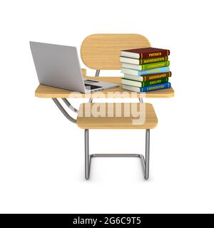 School desk, pile books and laptop on white background. Isolated 3D illustration Stock Photo
