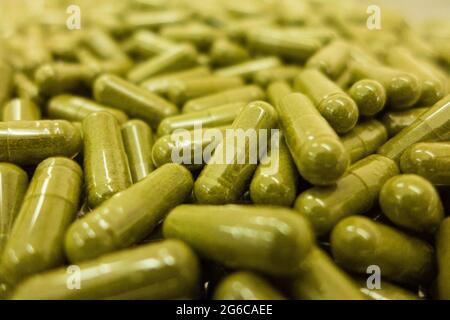 Green powdered herbal substance in a soft gel capsule Stock Photo