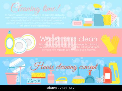Vector illustration set of house cleaning elements, hygiene concepts with place for text and lot of icons in pastel blue and pink colors in flat style Stock Vector