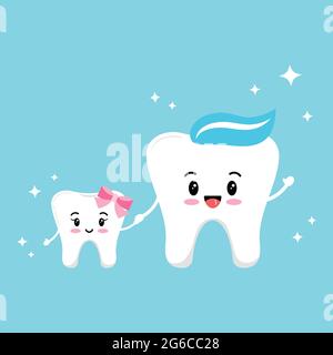 Happy smiling teeth family isolated on blue background. Stock Vector