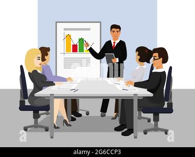 Vector illustration of presentation. Teamwork, manager businessman leading the presentation during the meeting in office in flat cartoon style. Stock Vector