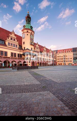 Leipzig, Germany. Cityscape image of Leipzig, Germany with Old Town Hall and the Market square at sunrise. Stock Photo