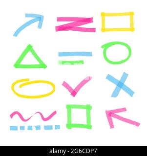 Vector illustration of highlighter marker design elements. Colorful and bright set of highlighter marks, stripes, strokes, shaded speech bubbles and Stock Vector