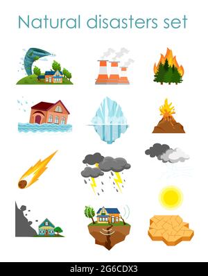 Vector illustration set of color icons natural disasters isolated on white background, collection of elements storm, fire and hurricane. Stock Vector
