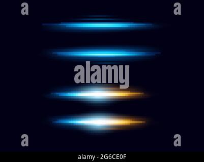 Vector illustration of realistic light effect, flashes of light. Lens flare elements collection on dark blue background. Stock Vector