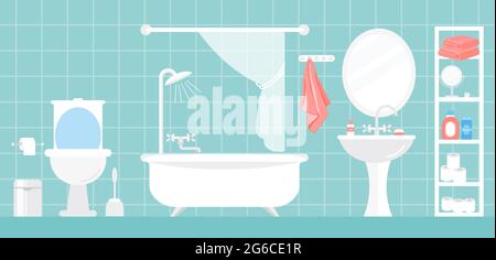 Vector illustration of modern bathroom interior in white and blue colors in flat cartoon style. Stock Vector