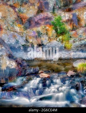 Small waterfal with lichen covered rocks on Glen Alpine Creek near Fallen Leaf Lake. California Stock Photo