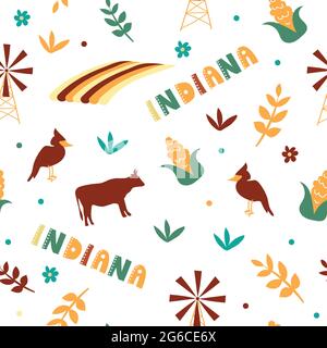 USA collection. Vector illustration of Indiana theme. State Symbols - seamless pattern Stock Vector