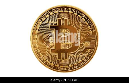 Digital currency golden bitcoin (BTC) isolated on white background . Front view Stock Vector