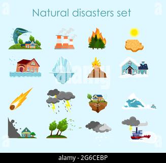 Vector illustration collection of color icons natural disasters on light blue background, set of elements storm, fire and hurricane. Stock Vector
