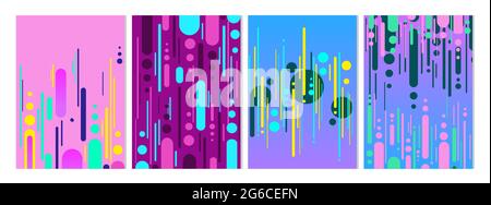 Vector illustration set of abstract geometric line and spots pattern background for cover design. Blue, pink, yellow and green banner and poster Stock Vector