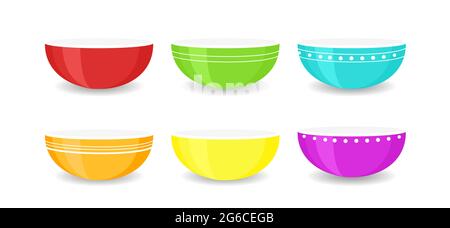 Vector illustration set of colourful empty bowls isolated on white background. Porcelain ceramic plates, colored dishware bowl collection. Stock Vector