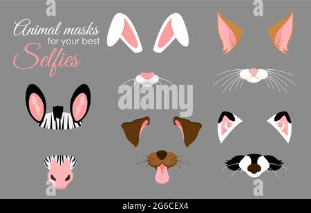 Vector illustration set of cute animal ears and nose masks for selfies, pictures and video effect. Funny animals faces of zebra, bunny, dog, cat and Stock Vector