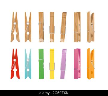 Vector illustration of wooden and clothespin collection on white background. Clothespins in different bright colors and positions for household in Stock Vector