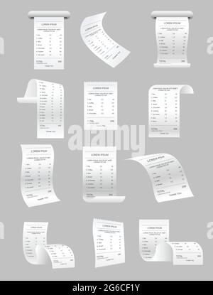 Vector illustration set of paper print checks and bills vector elements. Retail ticket isolated object, realistic atm bill, financial invoice on gray Stock Vector