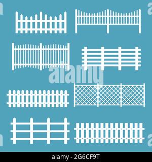 Vector illustration set of different fences white color. Rural silhouettes wooden fences, pickets vector for garden in flat style. Stock Vector