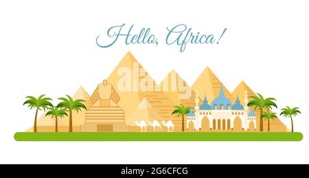 Vector illustration of Africa travel concept. Pyramid symbol of Egypt, background Hello Africa, Tourism and traveling concept in flat style. Stock Vector