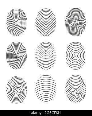 Vector illustration set of nine black line fingerprint types on white background. Stock Vector