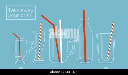 Vector illustration set of glasses and bottles for drinks. Jars, cups and glasses with drinking straws. Used for juice bar printables for menu design Stock Vector