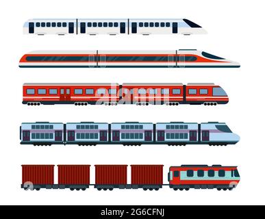 Vector illustration set of modern passenger trains. Subway transport, high speed trains and underground train. Metro train in flat style.
