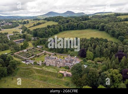 Abbotsford House which sits on the banks of the River Tweed near Galashiels, Scotland. The house was the home of novelist and poet Sir Walter Scott. Stock Photo