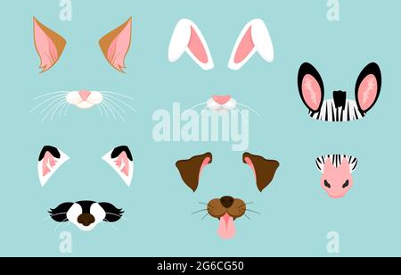 Vector illustration of cute and nice animal ears and nose masks for selfies, pictures and video effect. Funny animals faces filters for mobile phone. Stock Vector