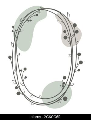 Oval minimalistic frame with leaves and berries, vector illustration. Hand drawing wreath. Botanical natural rim. Bezel, line art. Stock Vector