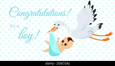 Vector illustration of happy stork carrying cute baby boy in bag. It s a boy Newborn baby concept in cartoon style for greeting card. Stock Vector