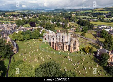 Aerial view of Melrose Abbey, Scottish Borders, Scotland, UK.