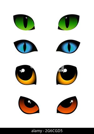Vector illustration set of cat emotions eyes in different colors isolated on white background. Green, blue and yellow cats eyes. Stock Vector