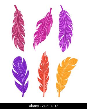 Vector colored bird feathers isolated on the alpha transperant background.  Stylized feathers set., Stock vector