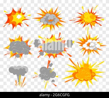 Vector illustration set of explosion effect in cartoon comic retro style. Shots motion flash and boom elements. Stock Vector
