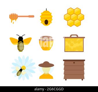 Vector illustration of colorful pictures and elements of honey bumble, others symbols of apiculture. Bee and sweet yellow honey in flat cartoon style. Stock Vector