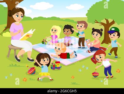 Vector illustration of children s activities at the summer camp, kids playing in the park, teacher is reading book for happy kids in flat cartoon Stock Vector