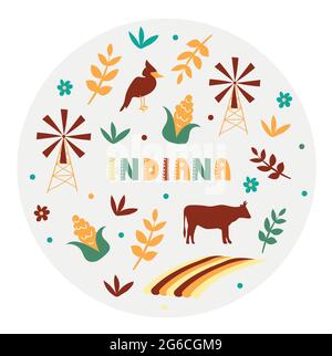 USA collection. Vector illustration of Indiana. State Symbols - round shape Stock Vector