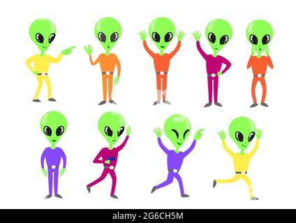 Vector illustration set of happy green aliens characters in different poses and bright clothes on white background. Emotional UFO aliens collection on Stock Vector