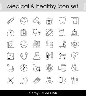 Vector illustration set of line icons, sign in line design medicine. Collection modern elements of pharmacology, blood count for mobile concepts and Stock Vector