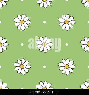 Vector colorful pattern of different size camomile flower with green background and white dots Stock Vector