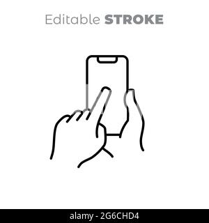 Vector mobile phone device line art icon. Hands holding smart phone. Editable line drawing. Black and white illustration, sign, symbol. Blank screen. Stock Vector