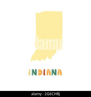 Indiana map isolated. USA collection. Map of Indiana - yellow silhouette. Doodling style lettering on white Stock Vector