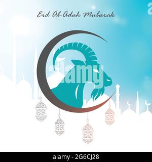 Celebration of Eid al-Adah. Background is decorated with blue color goat, brown color moon and lantern and white color mosque. Stock Vector