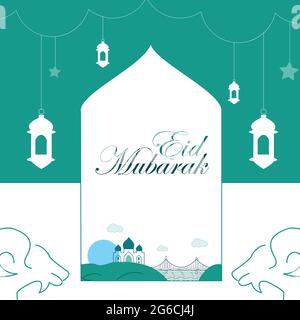 Illustration of Eid Mubarak. Background is decorated with outline of mosque, goat with green, white background. Stock Vector