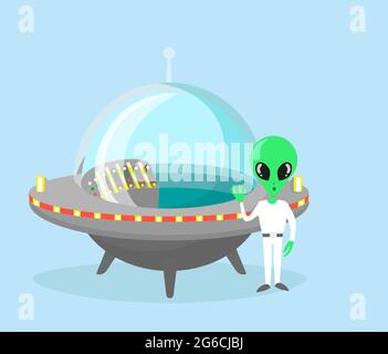 Vector illustration of cute and nice alien character with spaceship on light blue color background. Stock Vector