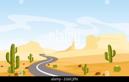 Vector illustration of desert landscape with cactuses and asphalt road, in cartoon flat style. Stock Vector