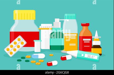 Vector illustration of different medical pills and bottles, pharmacy, drug store. Healthcare concept in flat style. Stock Vector